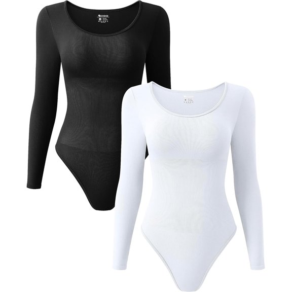 Women's 2 Piece Bodysuits Sexy Ribbed One Piece Long Sleeve Crew Neck Tops Bodysuits