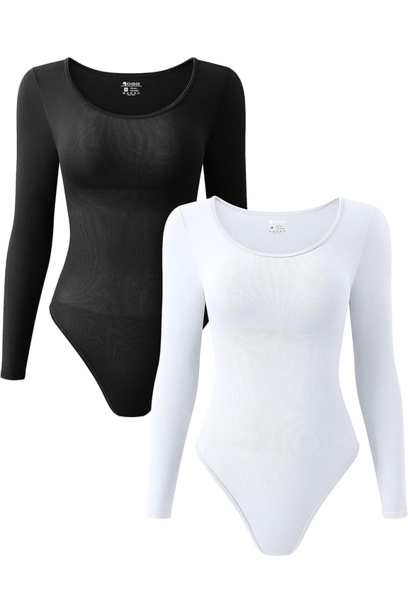 Women's 2 Piece Bodysuits Sexy Ribbed One Piece Long Sleeve Crew Neck Tops Bodysuits