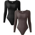 thumbnail image 1 of Women's 2 Piece Bodysuits Sexy Ribbed One Piece Long Sleeve Crew Neck Tops Bodysuits, 1 of 3