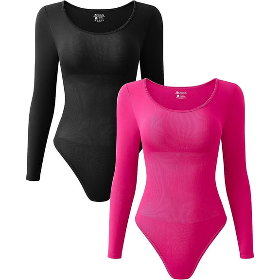 Women's 2 Piece Bodysuits Sexy Ribbed One Piece Long Sleeve Crew Neck Tops Bodysuits