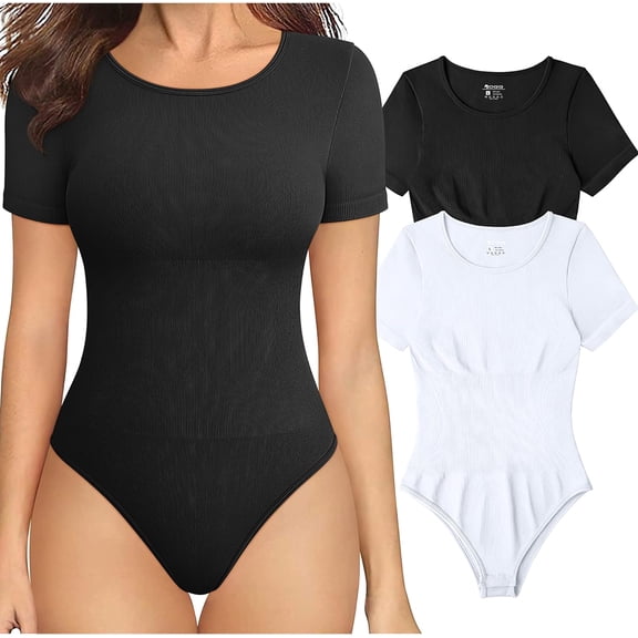 Women's 2 Piece Bodysuits Sexy Ribbed One Piece Short Sleeve Tops Bodysuits