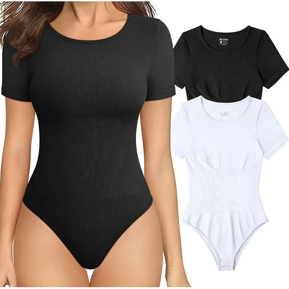 Women's 2 Piece Bodysuits Sexy Ribbed One Piece Short Sleeve Tops Bodysuits