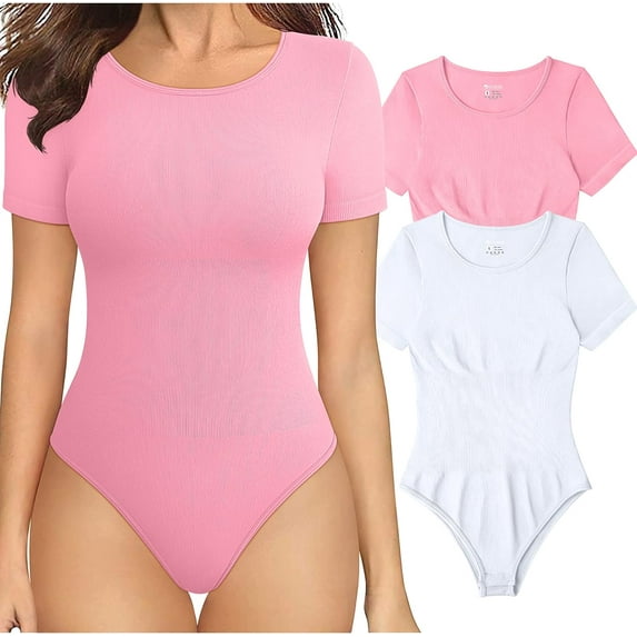Women's 2 Piece Bodysuits Sexy Ribbed One Piece Short Sleeve Tops Bodysuits