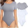 thumbnail image 1 of Women's 2 Piece Bodysuits Sexy Ribbed One Piece Short Sleeve Tops Bodysuits, 1 of 3
