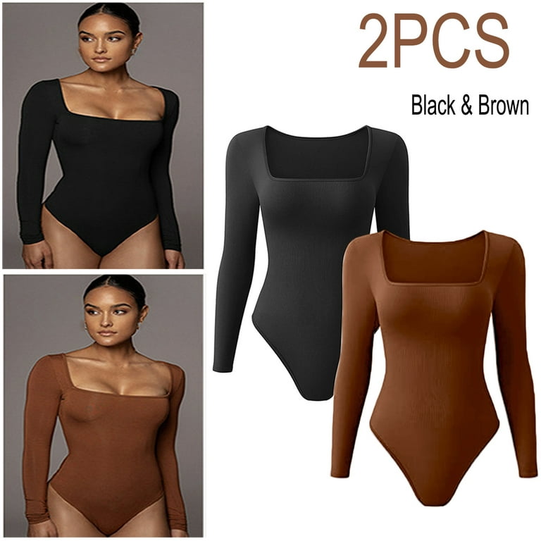 Women's 2 Piece Ribbed Sexy Bodysuit Scoop Neck Long Sleeve Bodycon  Bodysuits-Black & Brown,S 