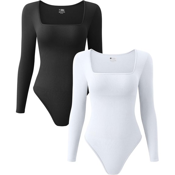 Women's 2 Piece Bodysuits Sexy Ribbed One Piece Square Neck Long Sleeve Bodysuits