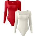 thumbnail image 1 of Women's 2 Piece Bodysuits Sexy Ribbed One Piece Square Neck Long Sleeve Bodysuits, 1 of 3