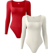 Womens 2 Piece Bodysuits Sexy Ribbed One Piece Square Neck Long Sleeve Bodysuits