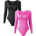 thumbnail image 1 of Women's 2 Piece Bodysuits Sexy Ribbed One Piece Square Neck Long Sleeve Bodysuits, 1 of 3