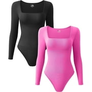 MUCHENGGIFT Women's 2 Piece Bodysuits Sexy Ribbed One Piece Square Neck Long Sleeve Bodysuits