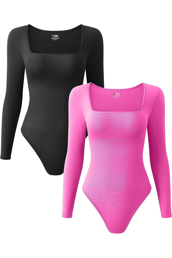 Women's 2 Piece Bodysuits Sexy Ribbed One Piece Square Neck Long Sleeve Bodysuits