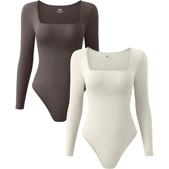 Women's 2 Piece Bodysuits Sexy Ribbed One Piece Square Neck Long Sleeve Bodysuits