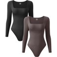 thumbnail image 1 of Women's 2 Piece Bodysuits Sexy Ribbed One Piece Square Neck Long Sleeve Bodysuits, 1 of 3