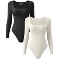 thumbnail image 1 of Women's 2 Piece Bodysuits Sexy Ribbed One Piece Square Neck Long Sleeve Bodysuits, 1 of 3