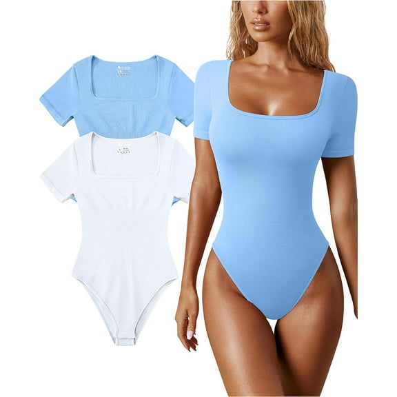 Women's 2 Piece Bodysuits Sexy Ribbed One Piece Square Neck Short Sleeve Bodysuits