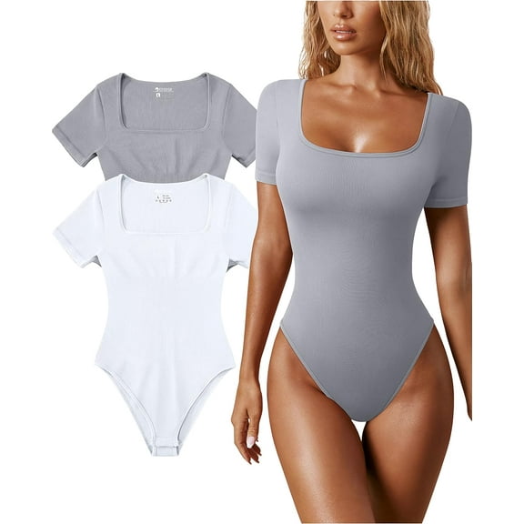 Women's 2 Piece Bodysuits Sexy Ribbed One Piece Square Neck Short Sleeve Bodysuits