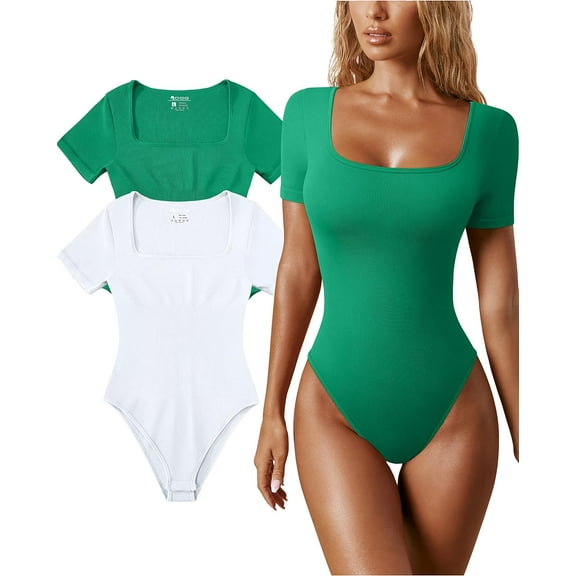 Women's 2 Piece Bodysuits Sexy Ribbed One Piece Square Neck Short Sleeve Bodysuits