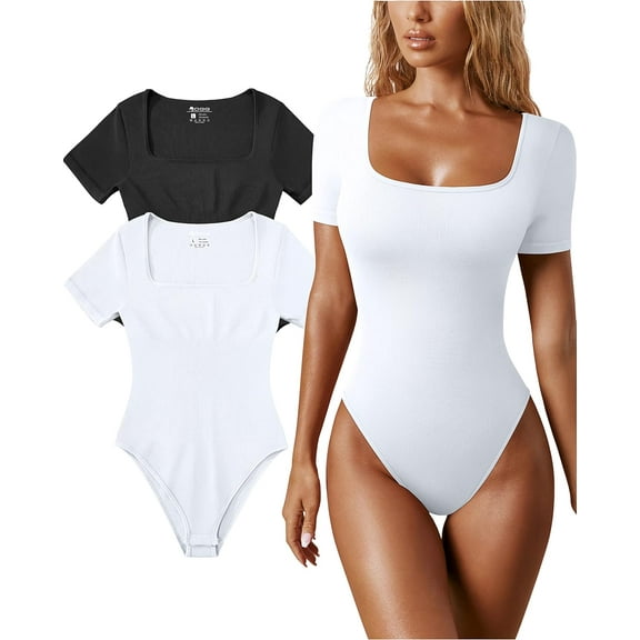Women's 2 Piece Bodysuits Sexy Ribbed One Piece Square Neck Short Sleeve Bodysuits