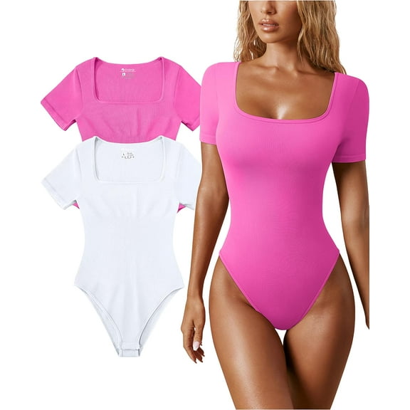 Women's 2 Piece Bodysuits Sexy Ribbed One Piece Square Neck Short Sleeve Bodysuits