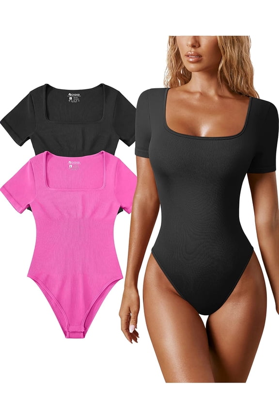 Women's 2 Piece Bodysuits Sexy Ribbed One Piece Square Neck Short Sleeve Bodysuits