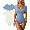 thumbnail image 1 of Women's 2 Piece Bodysuits Sexy Ribbed One Piece Square Neck Short Sleeve Bodysuits, 1 of 3