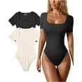 thumbnail image 1 of Women's 2 Piece Bodysuits Sexy Ribbed One Piece Square Neck Short Sleeve Bodysuits, 1 of 3