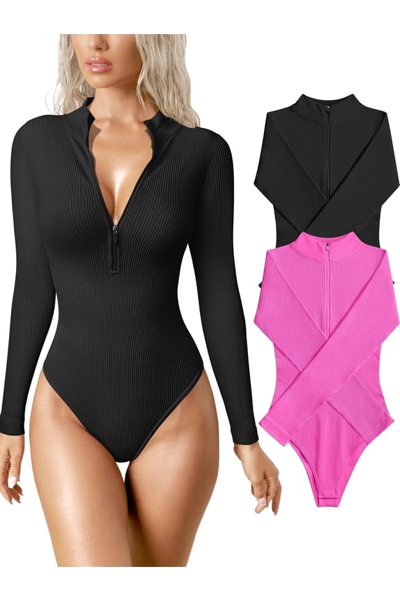 Women's 2 Piece Bodysuits Sexy Ribbed One Piece Zip Front Long Sleeve Tops Bodysuits