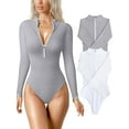 thumbnail image 1 of Women's 2 Piece Bodysuits Sexy Ribbed One Piece Zip Front Long Sleeve Tops Bodysuits, 1 of 3