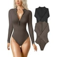 thumbnail image 1 of Women's 2 Piece Bodysuits Sexy Ribbed One Piece Zip Front Long Sleeve Tops Bodysuits, 1 of 3