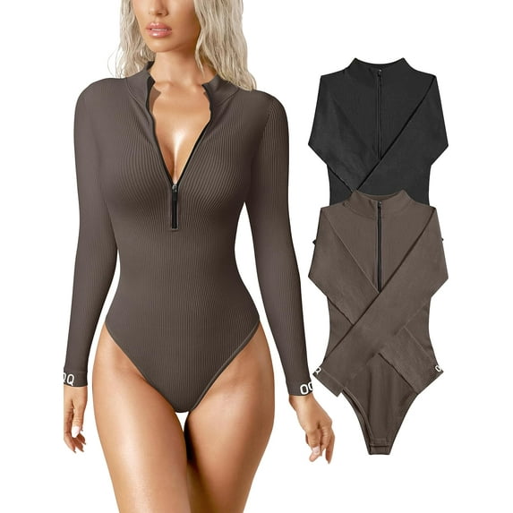 Women's 2 Piece Bodysuits Sexy Ribbed One Piece Zip Front Long Sleeve Tops Bodysuits