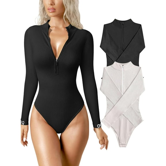 Women's 2 Piece Bodysuits Sexy Ribbed One Piece Zip Front Long Sleeve Tops Bodysuits