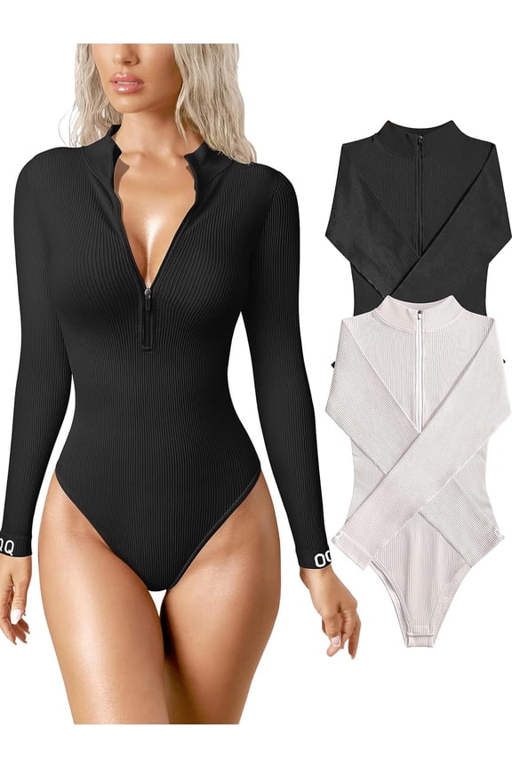 Women's 2 Piece Bodysuits Sexy Ribbed One Piece Zip Front Long Sleeve Tops Bodysuits