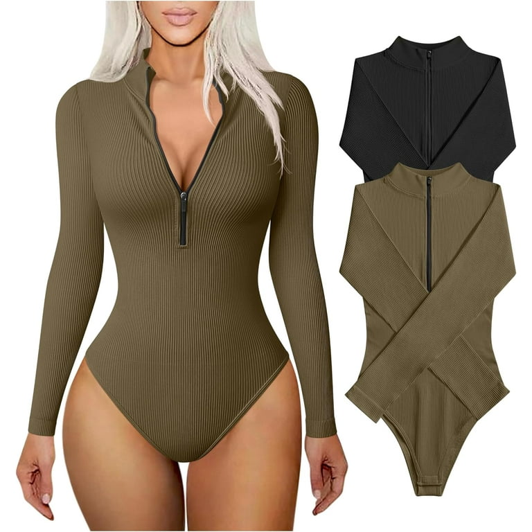 Women's 2 Piece Bodysuits Sexy Ribbed One Piece Zip Front Long Sleeve Tops  Bodysuits 