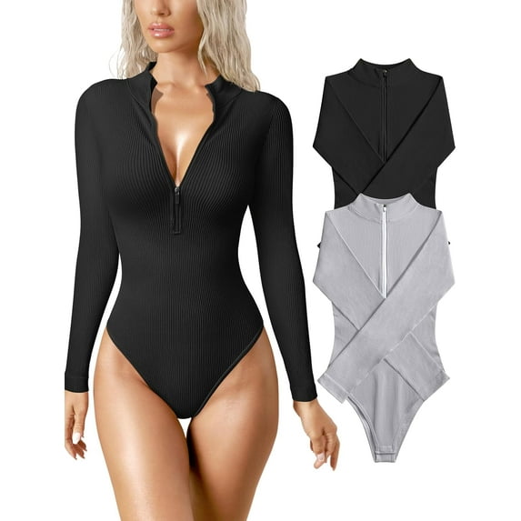 Women's 2 Piece Bodysuits Sexy Ribbed One Piece Zip Front Long Sleeve Tops Bodysuits