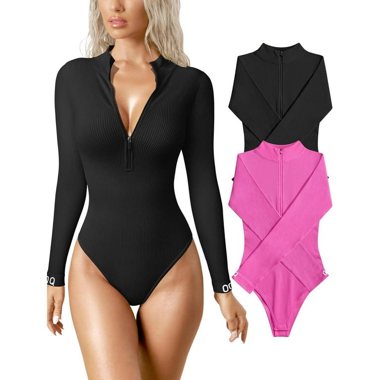 Women s 2 Piece Bodysuits Sexy Ribbed One Piece Zip Front Long Sleeve Tops Bodysuits Walmart