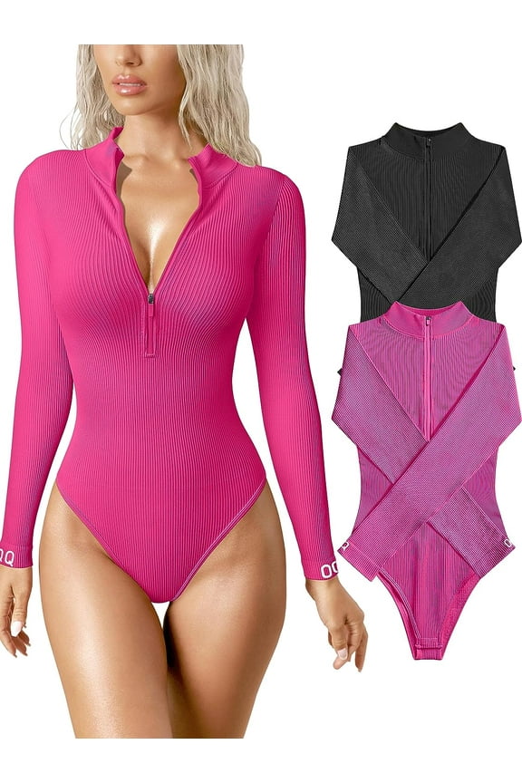Women's 2 Piece Bodysuits Sexy Ribbed One Piece Zip Front Long Sleeve Tops Bodysuits