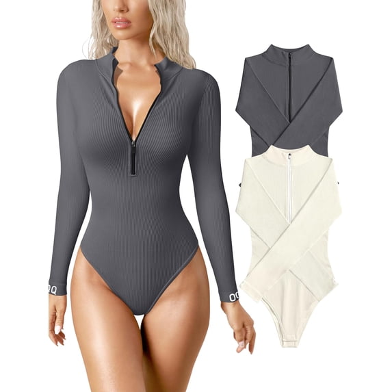 Women's 2 Piece Bodysuits Sexy Ribbed One Piece Zip Front Long Sleeve Tops Bodysuits