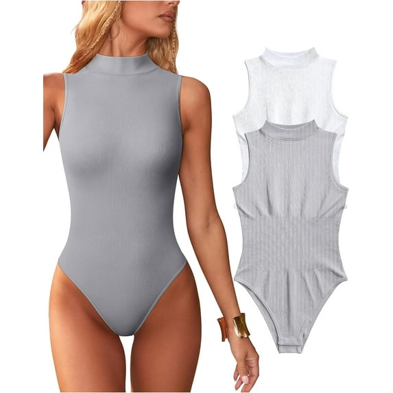 Women's 2 Piece Bodysuits Sexy Ribbed Sleeveless High Neck Tank Tops Bodysuits