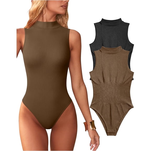 Women's 2 Piece Bodysuits Sexy Ribbed Sleeveless High Neck Tank Tops Bodysuits