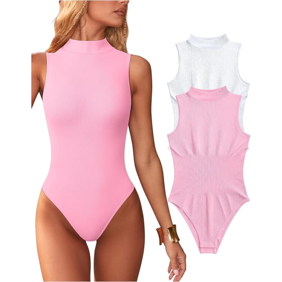 Women's 2 Piece Bodysuits Sexy Ribbed Sleeveless High Neck Tank Tops Bodysuits