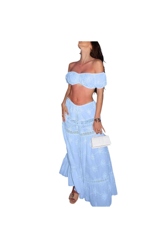 Women's 2-Piece Boho Outfit – Summer Off-Shoulder Crop Top High-Waist Flowy Maxi Skirt Set for Beach Vacation