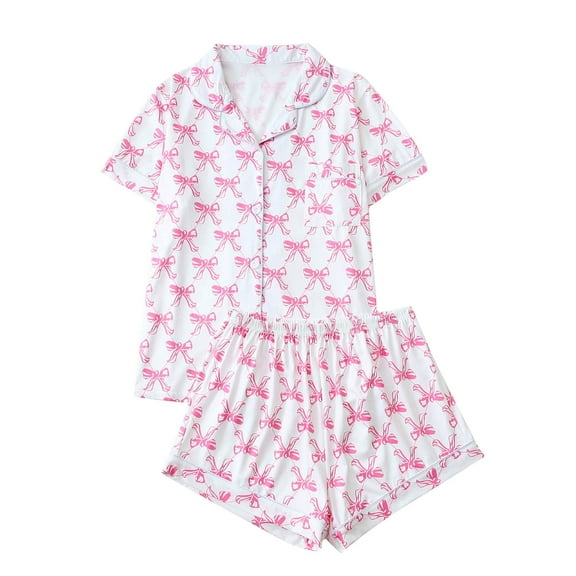 Women's 2 Piece Bride Pajama Set Cute Short Sleeve Button Down Shorts Set Casual Lounge Outfits Lapel Nightwear