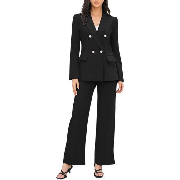 Women's 2 Piece Business Casual Outfits Double Breasted Blazer Dressy Wide Leg Work Pants Suits Set Navy M