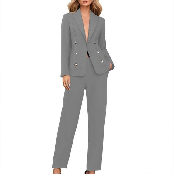 Women's 2 Piece Business Casual Outfits Long Sleeve Double Breasted Suit Blazers and Straight Leg Dress Pants Sets (M, Gray)