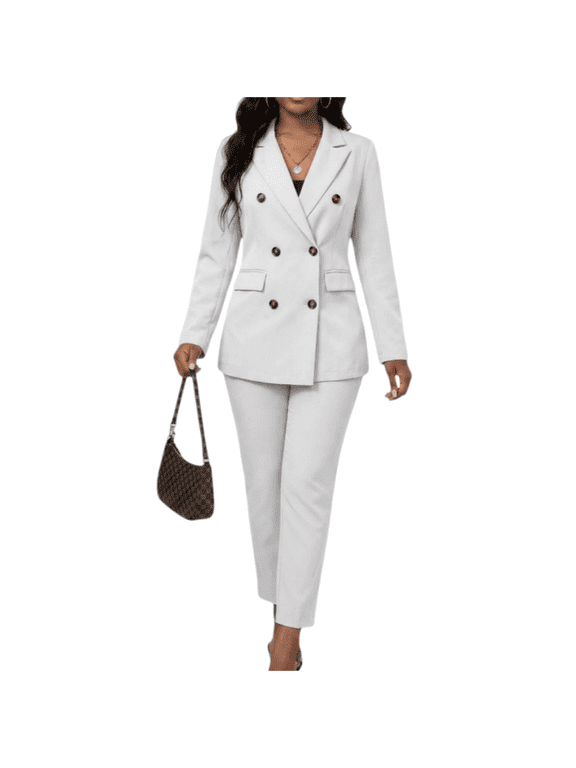 Women's 2 Piece Business Casual Suit Set Double Breasted Lapel Blazer with Straight Leg Trousers Work Office Pantsuit (Sizes S-2XL)