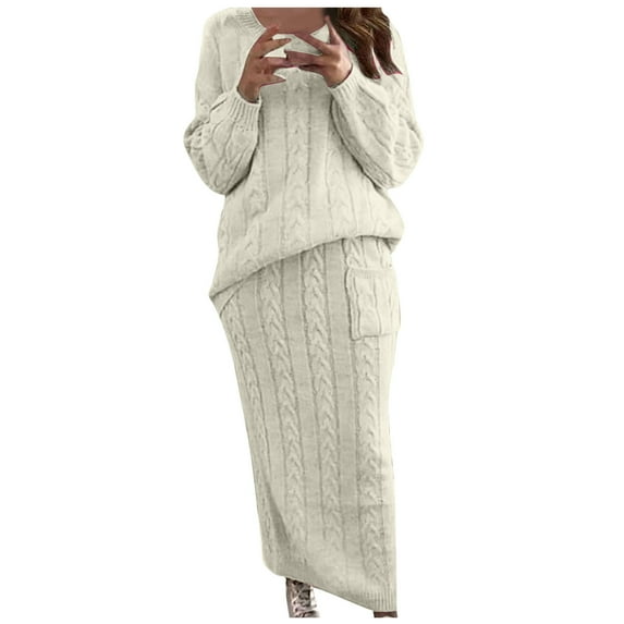 Women's 2 Piece Cable Knitting Skirt Sets Under $15 Elegant Fall Clothes for Ladies Long Sleeve Crewneck Sweater Dress Long Skirt Solid Color Comfy Casual Loose White XXL
