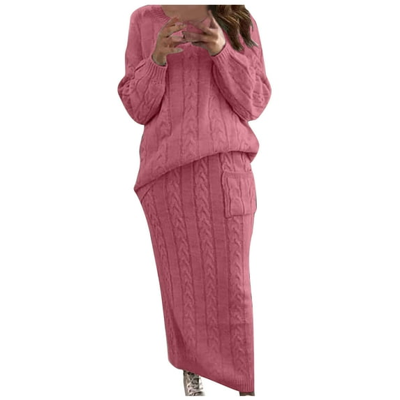 Women's 2 Piece Cable Knitting Skirt Sets Fall Clothes Casual Loose Elegant Long Sleeve Crewneck Sweater Dress Long Skirt Solid Color Comfy Watermelon Red XXL