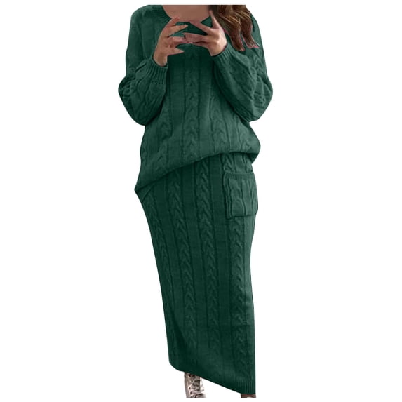 Women's 2 Piece Cable Knitting Skirt Sets s Long Sleeve Crewneck Sweater Dress Fall Clothes for Ladies Elegant Long Skirt Solid Color Comfy Casual Loose Green XXL
