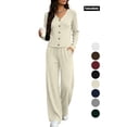 thumbnail image 1 of Women's 2 Piece Casual Knit Set V Necklinen Full Buttom Down Top Wide Leg Pants Casual Suits for Fall Beige L, 1 of 6