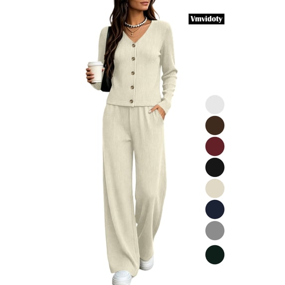 Women's 2 Piece Casual Knit Set V Necklinen Full Buttom Down Top Wide Leg Pants Casual Suits for Fall Beige L